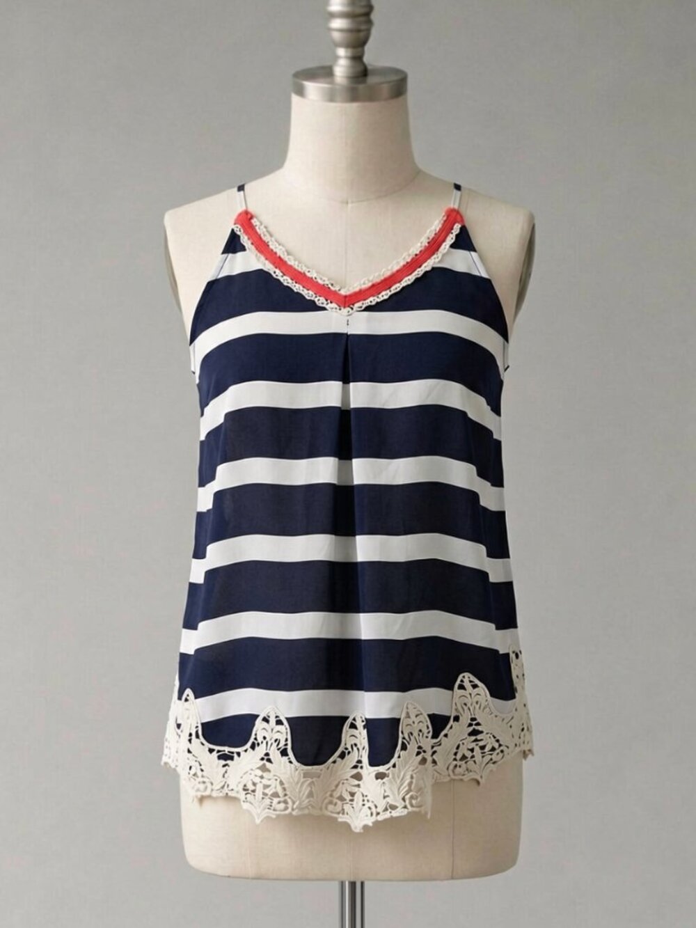 Xhilaration | Navy, White & Pink Striped Tank Top with Lace Detail | Sz XS